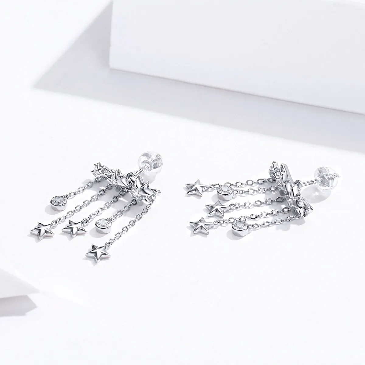 Pandora Style Silver Shining Star Dangle Earrings - SCE700