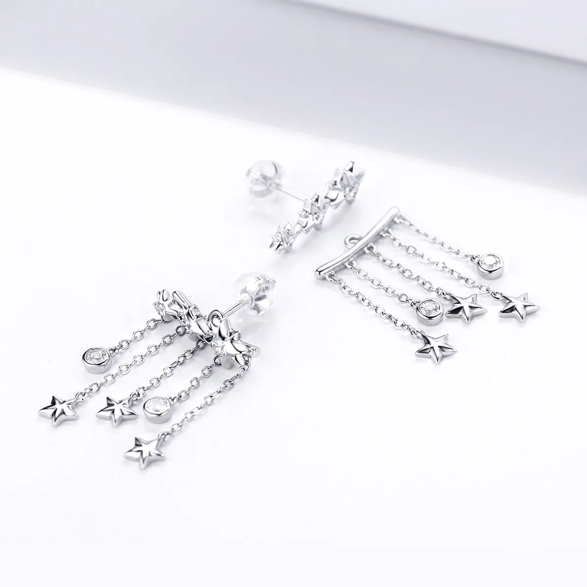 Pandora Style Silver Shining Star Dangle Earrings - SCE700