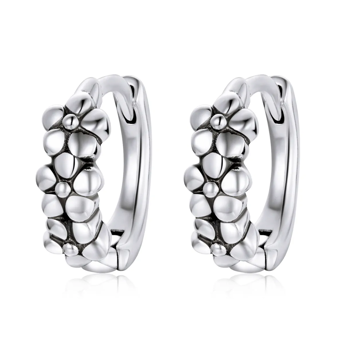 Pandora Style Silver Simple Silver Flowers Hoop Earrings - SCE1154