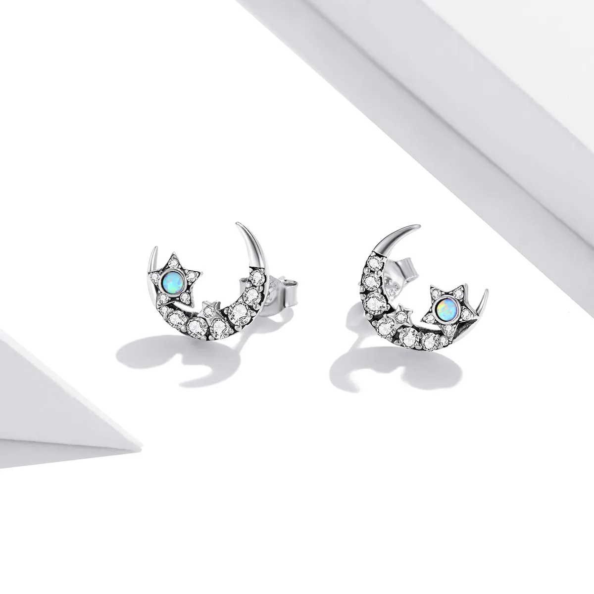 Pandora Style Silver Star And Moon Stud Earrings - SCE1157