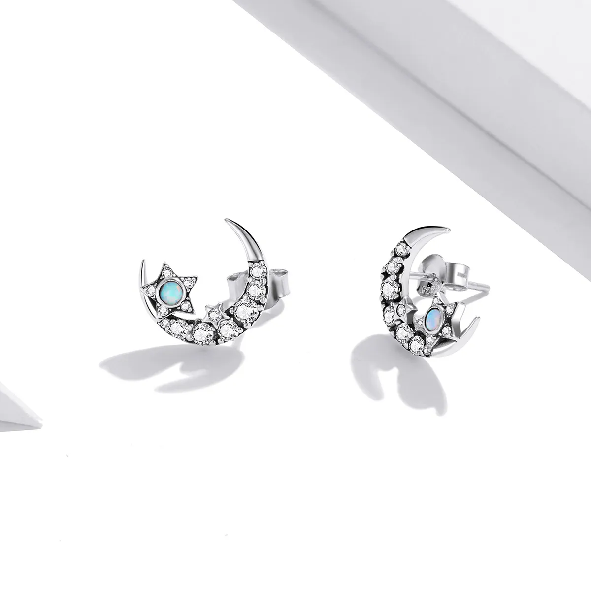 Pandora Style Silver Star And Moon Stud Earrings - SCE1157