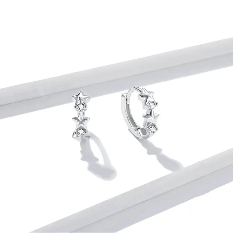 Pandora Style Silver Stars Hoop Earrings - BSE434