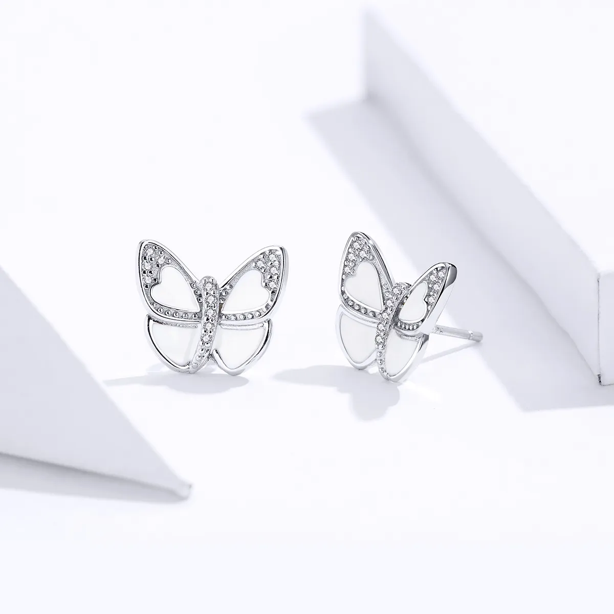 Pandora Style Silver White Butterfly Stud Earrings - SCE876