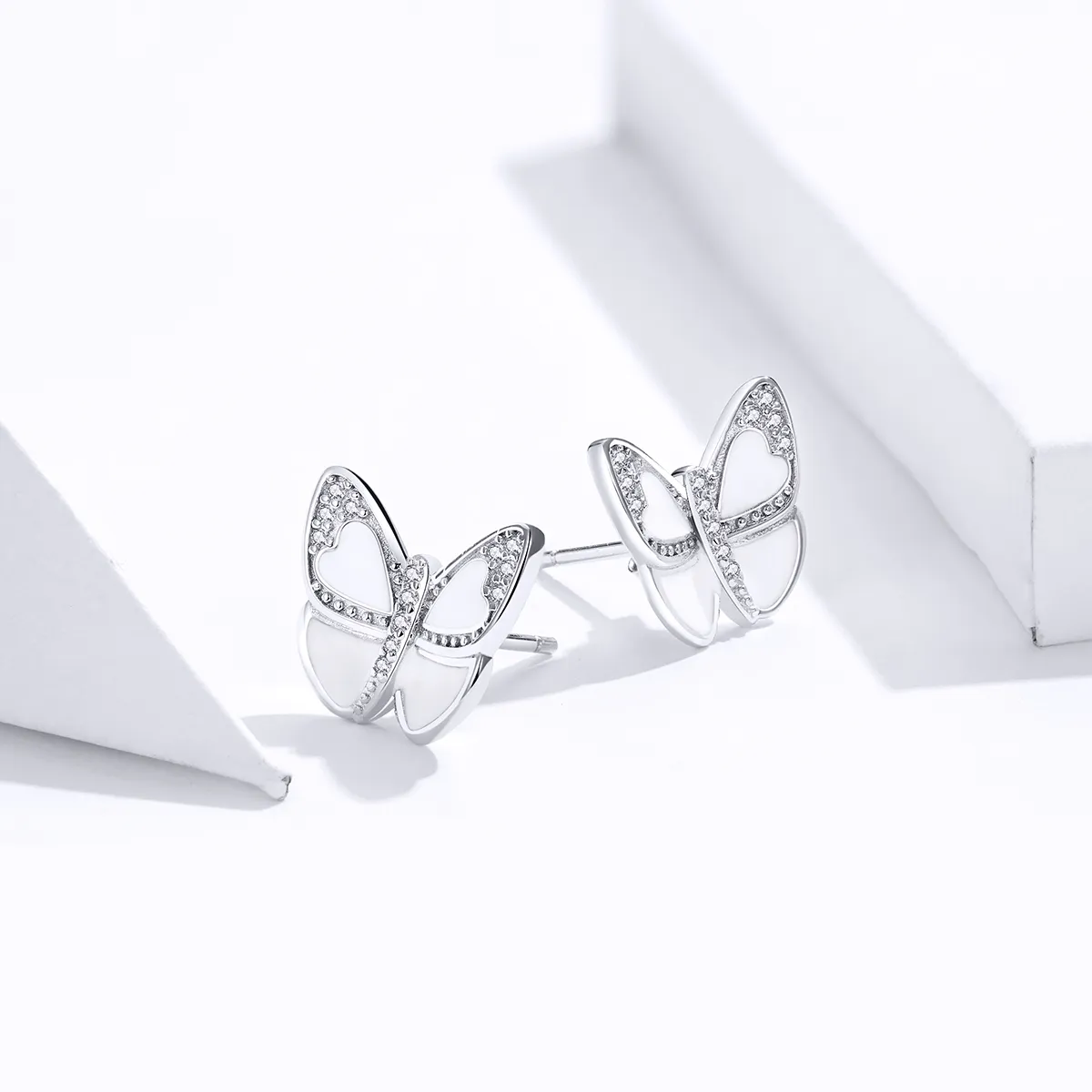 Pandora Style Silver White Butterfly Stud Earrings - SCE876