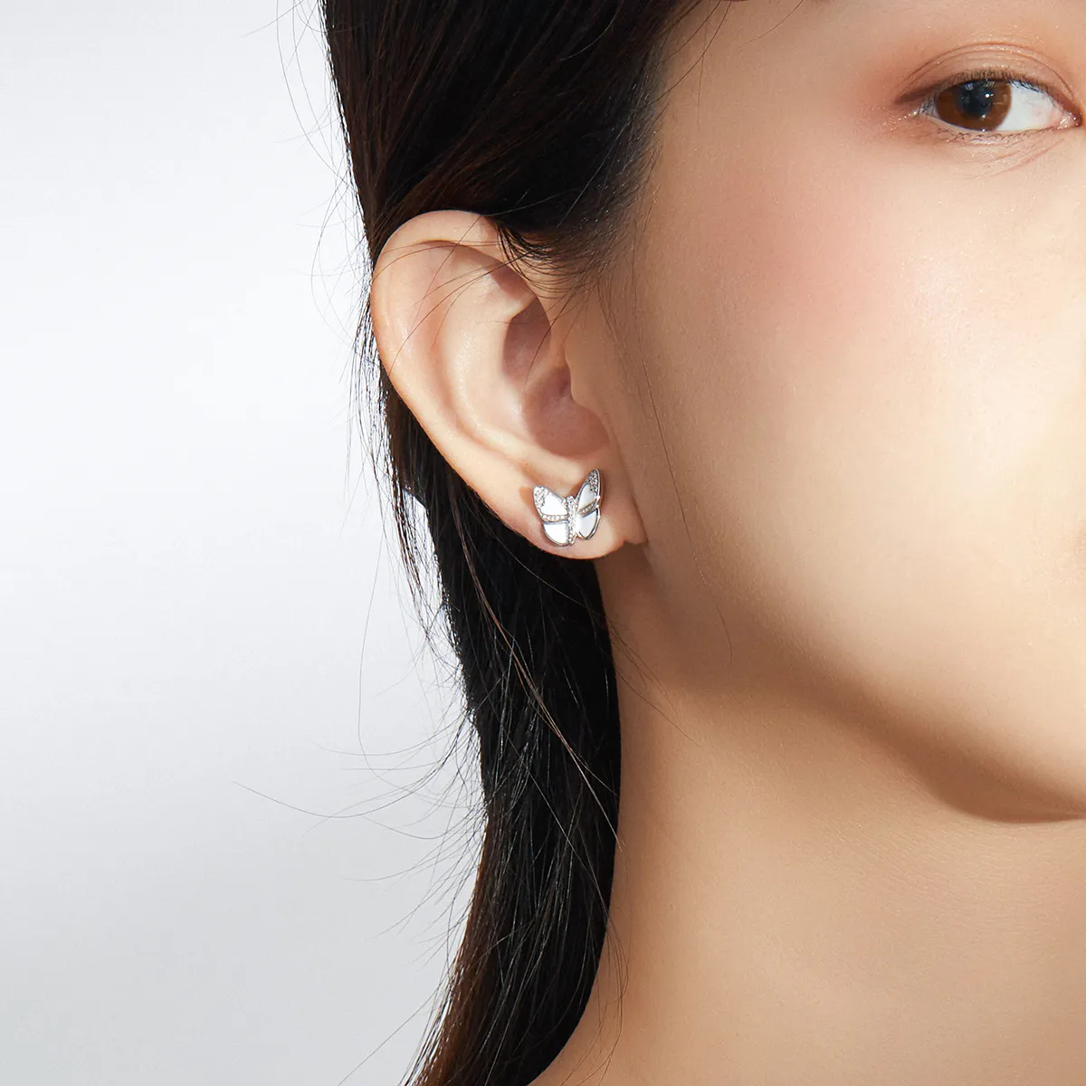 Pandora Style Silver White Butterfly Stud Earrings - SCE876