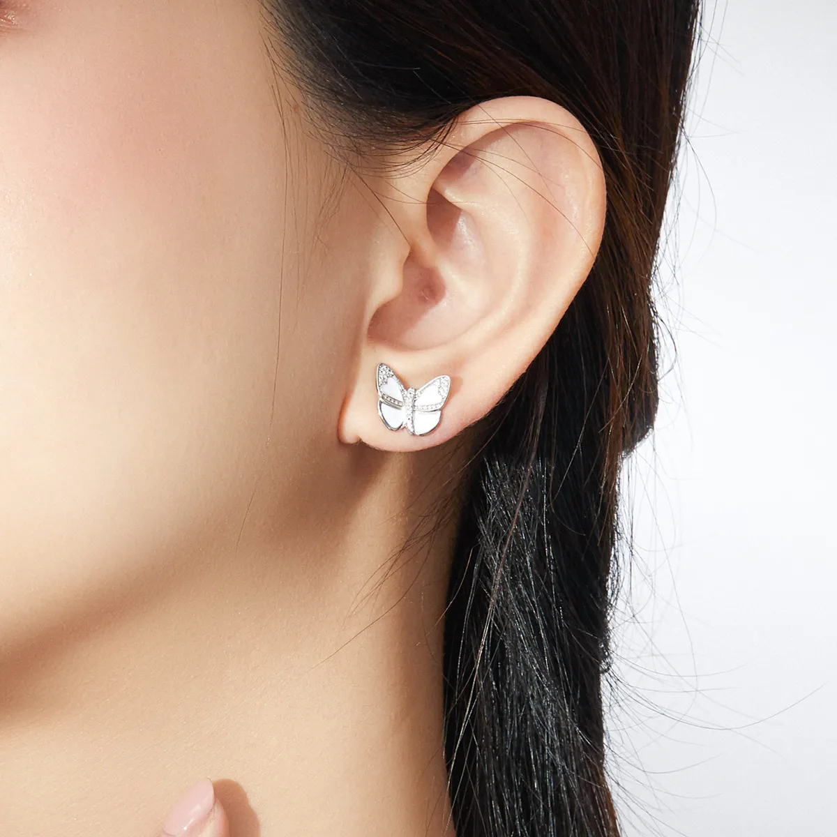 Pandora Style Silver White Butterfly Stud Earrings - SCE876