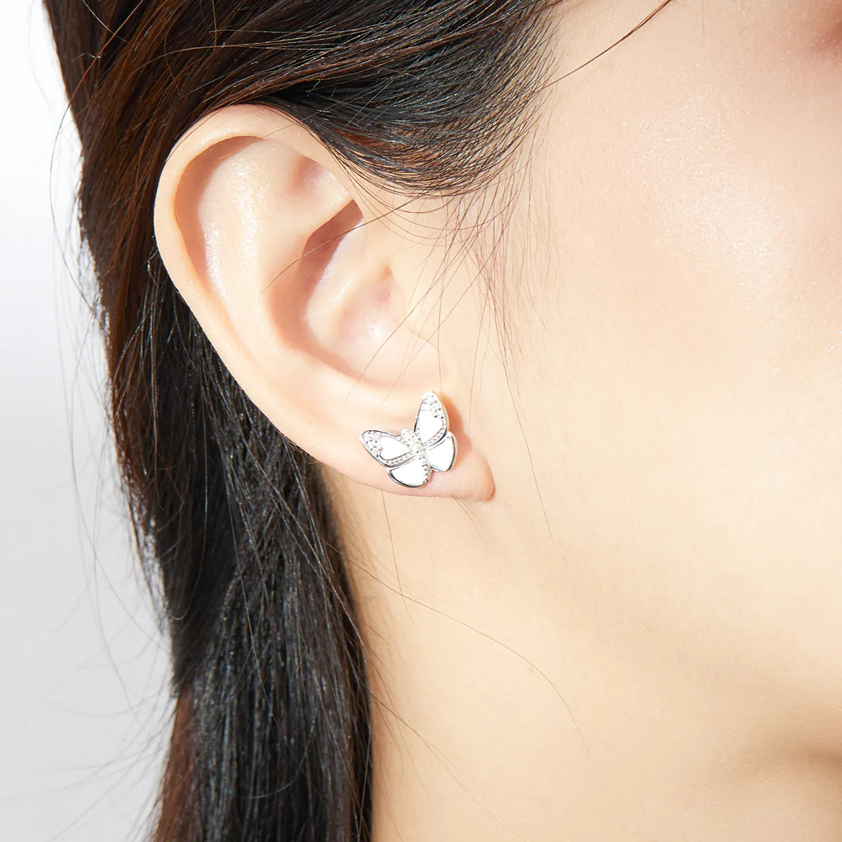 Pandora Style Silver White Butterfly Stud Earrings - SCE876