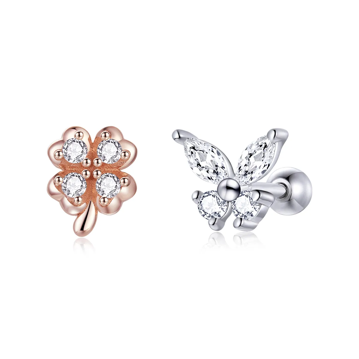 Pandora Style Two Tone Bicolor Lucky Grass And Butterflies Stud Earrings - SCE1008
