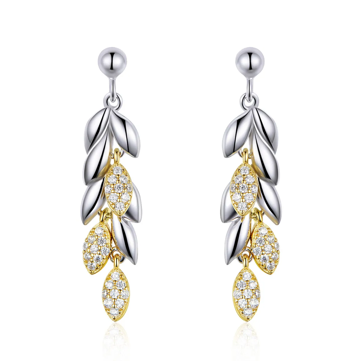 Pandora Style Two Tone Bicolor Two-Color Wheat Spike Dangle Earrings - BSE025