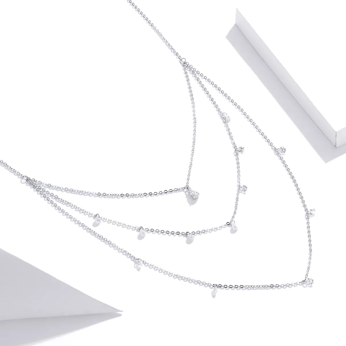 Pandora Style Silver Long Layered Three Strand Pendant Necklace - SCN429
