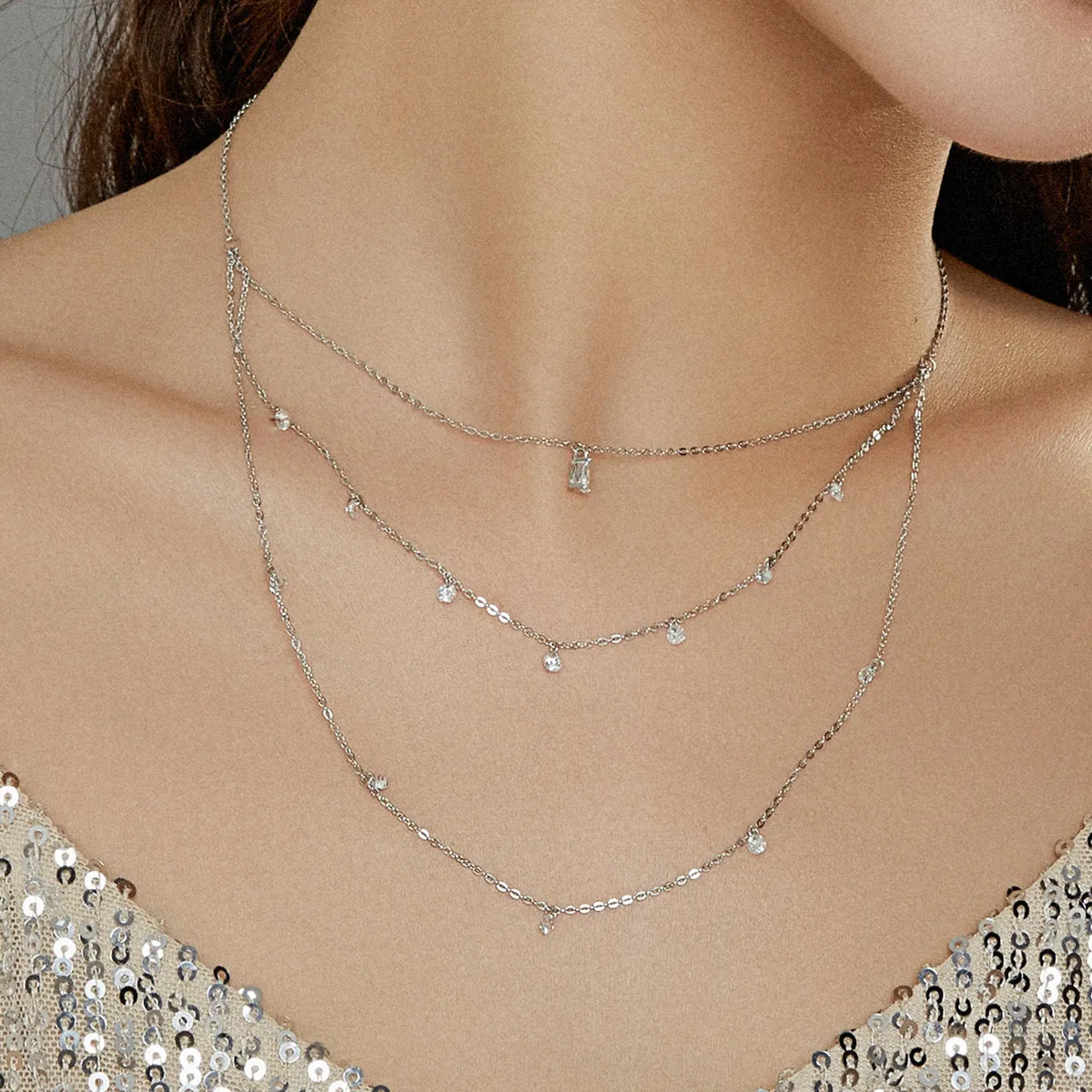 Pandora Style Silver Long Layered Three Strand Pendant Necklace - SCN429