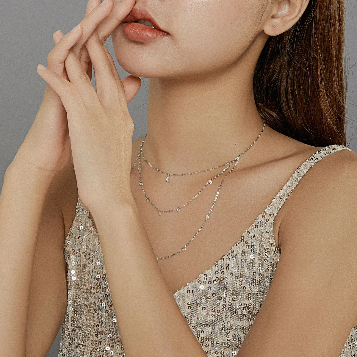 Pandora Style Silver Long Layered Three Strand Pendant Necklace - SCN429