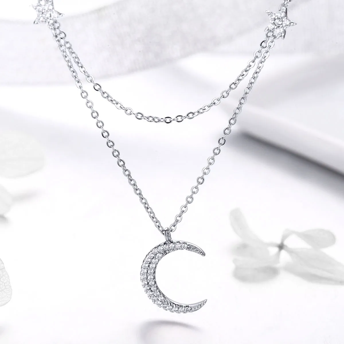 Pandora Style Silver Moon & Stars Pendant Necklace - BSN038
