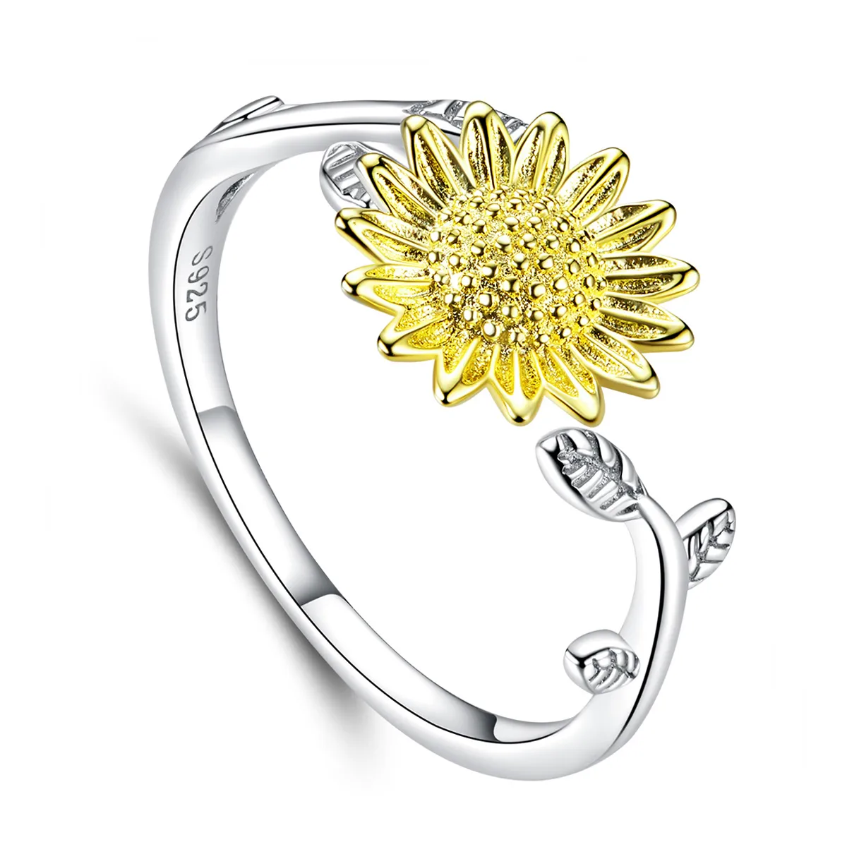 Pandora Style Two Tone Bicolor Golden Sunflowers Open Ring - SCR596