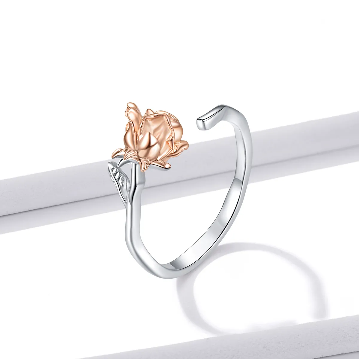 Pandora Style Two Tone Rose Gold Flower Open Ring - BSR134