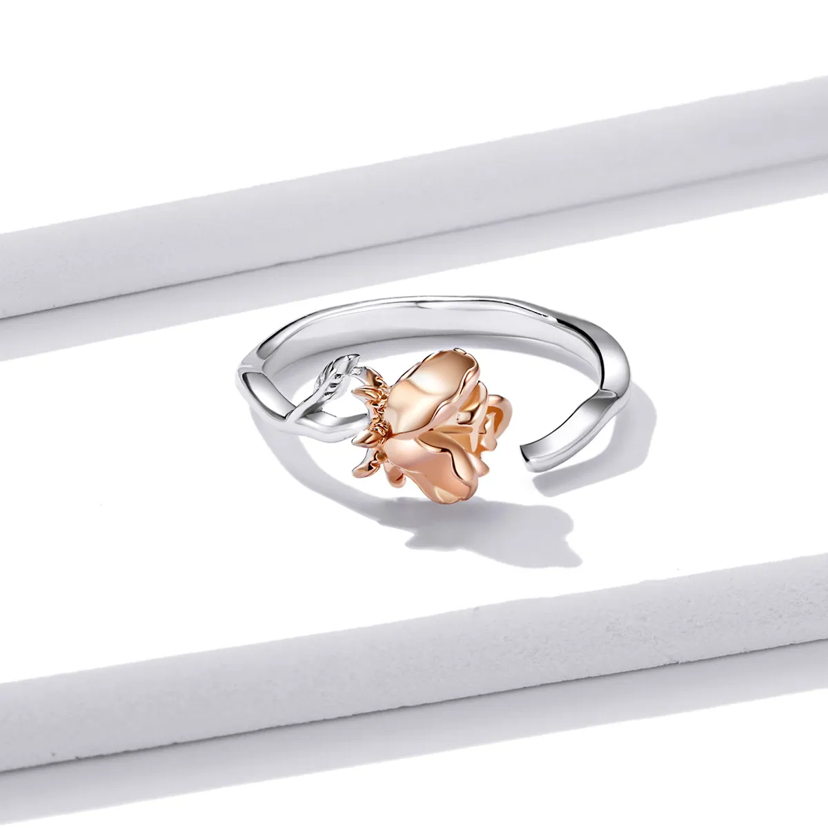 Pandora Style Two Tone Rose Gold Flower Open Ring - BSR134