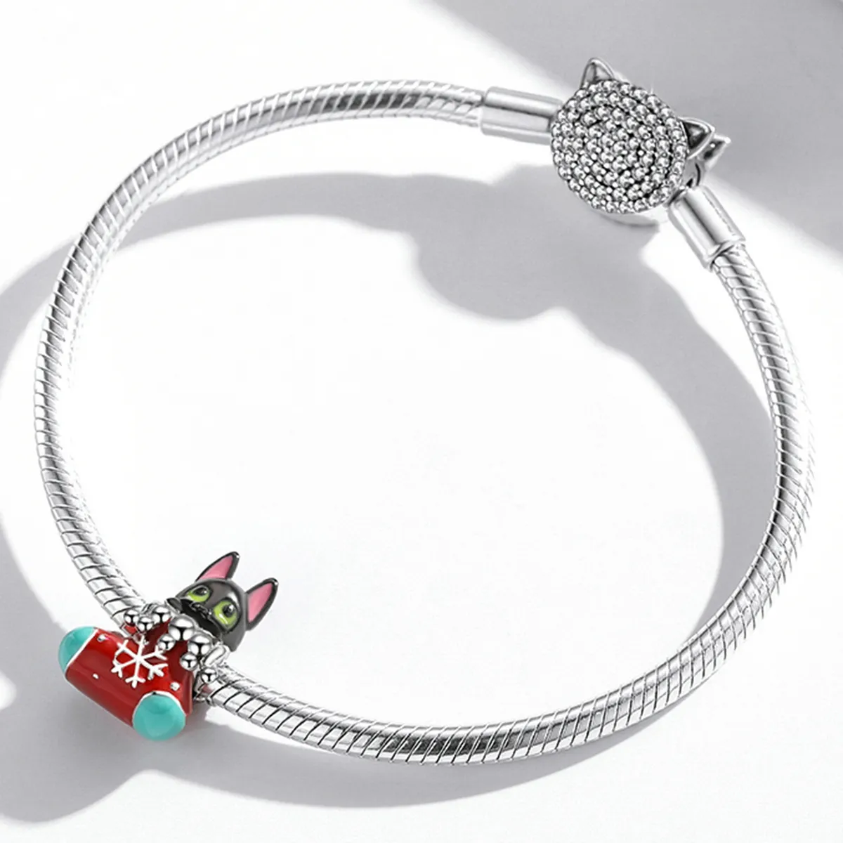 Pandora Style Silver Christmas stockings kitten Charm - SCC2036