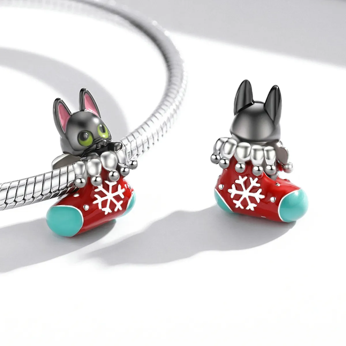 Pandora Style Silver Christmas stockings kitten Charm - SCC2036