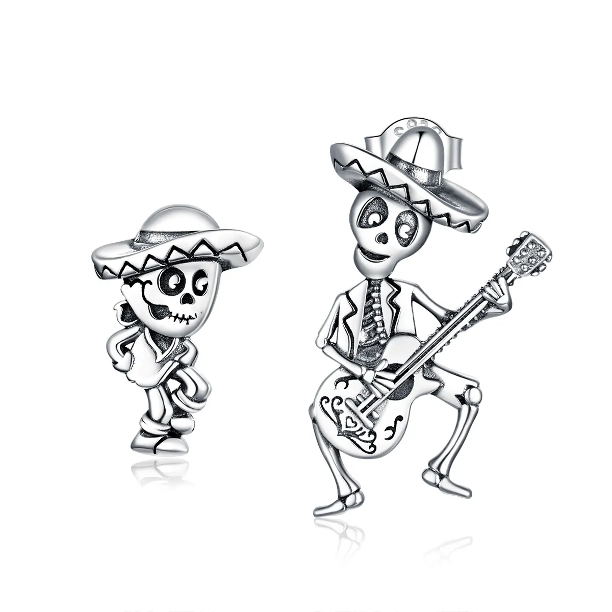 Pandora Style Silver Guitar Skull Man Stud Earrings - BSE420