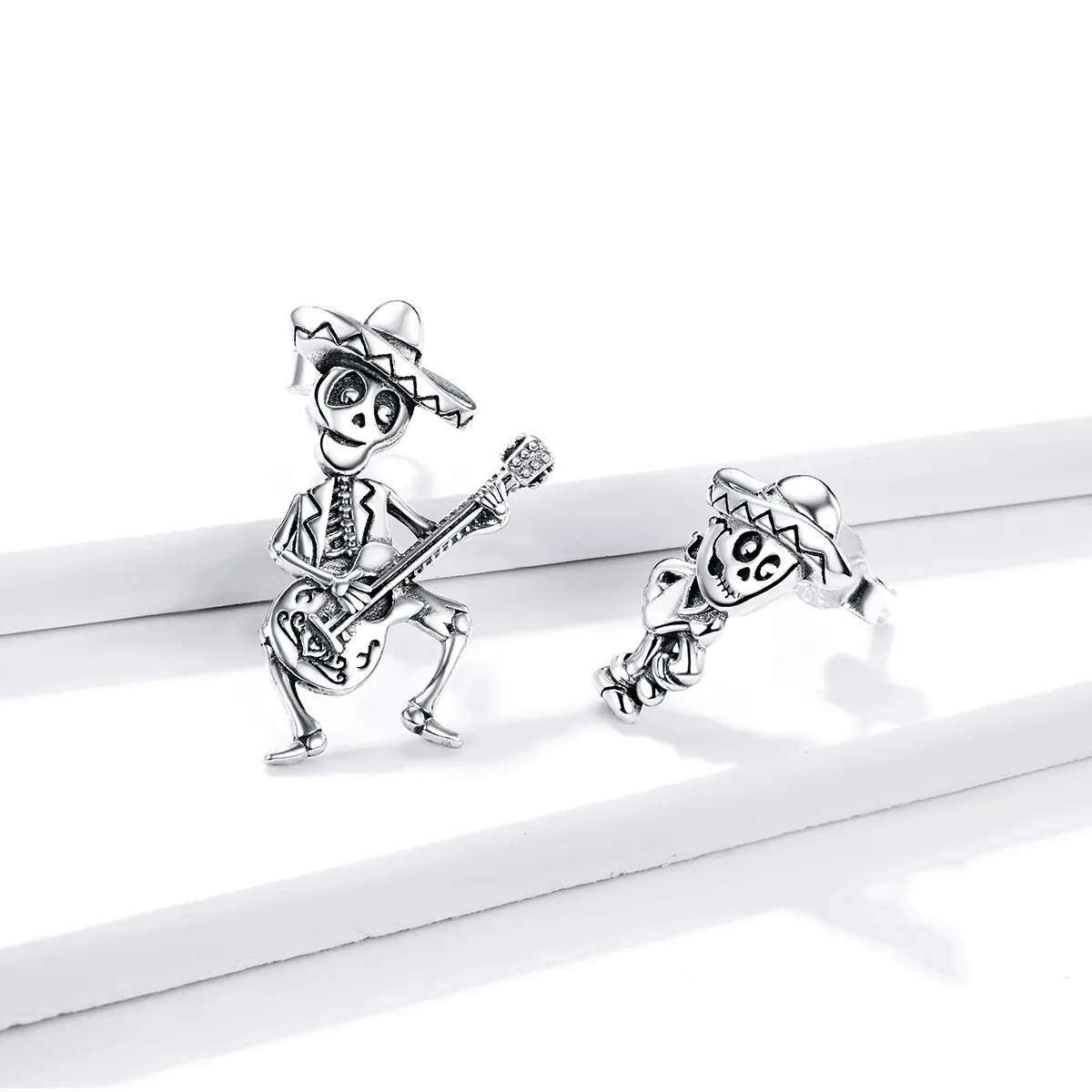 Pandora Style Silver Guitar Skull Man Stud Earrings - BSE420