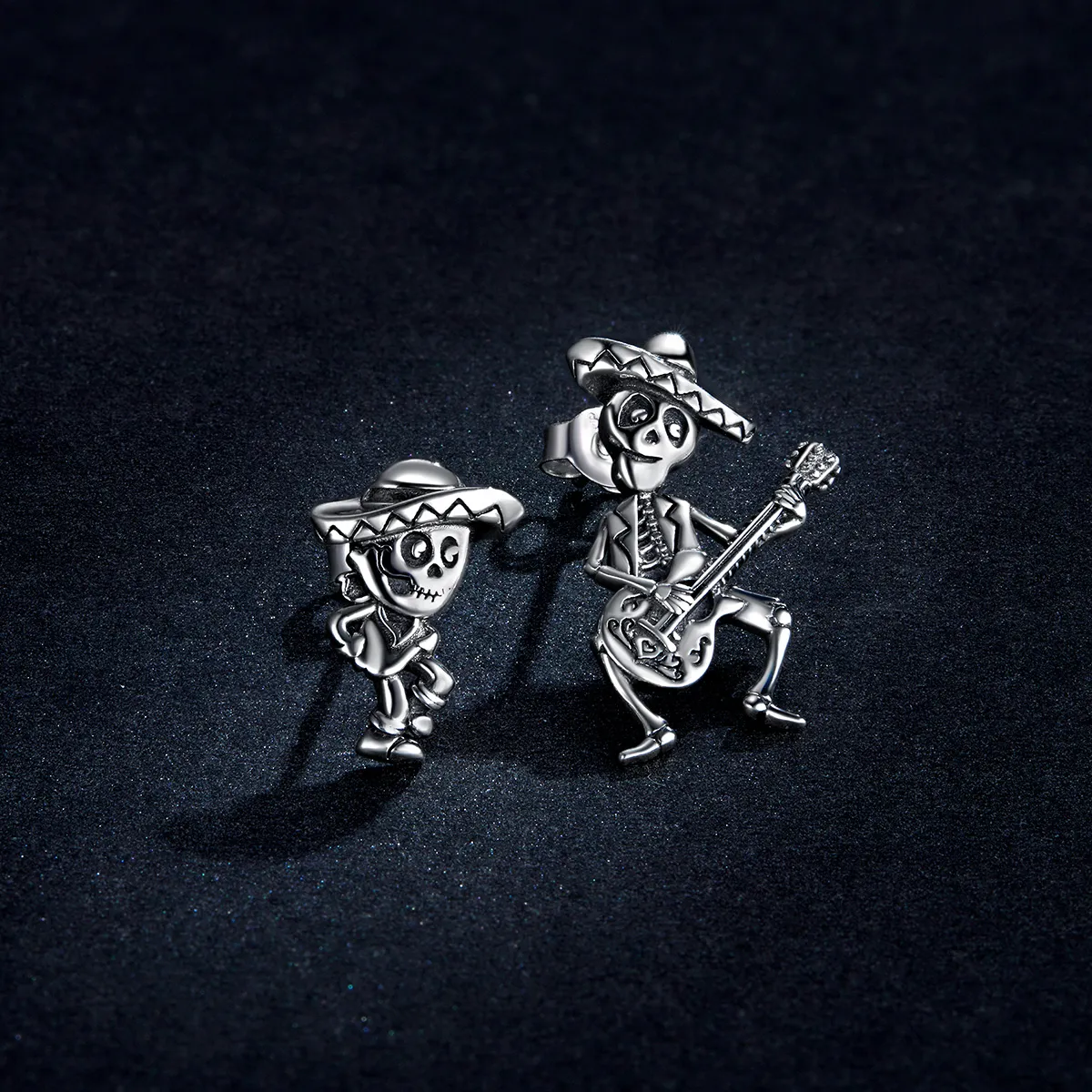 Pandora Style Silver Guitar Skull Man Stud Earrings - BSE420