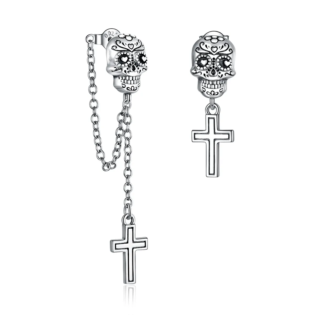 Pandora Style Silver Skull Cross Dangle Earrings - BSE419