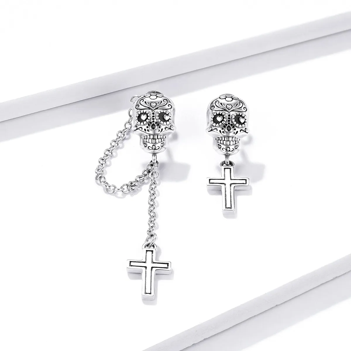 Pandora Style Silver Skull Cross Dangle Earrings - BSE419