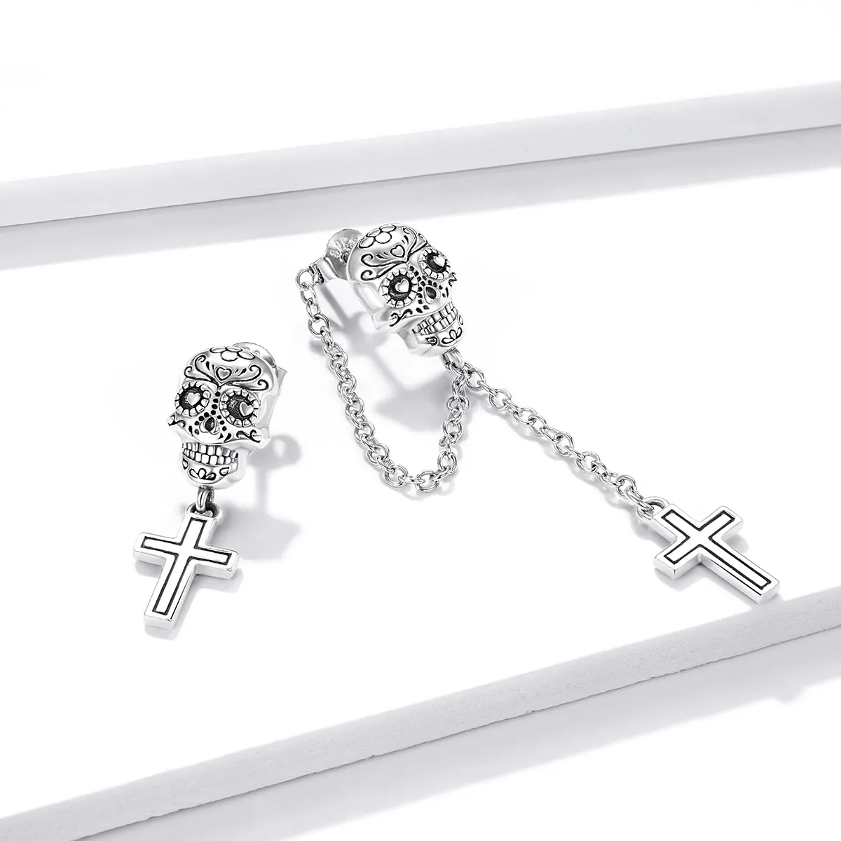 Pandora Style Silver Skull Cross Dangle Earrings - BSE419
