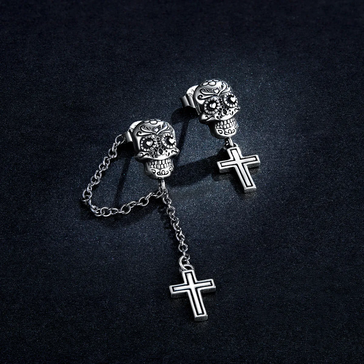 Pandora Style Silver Skull Cross Dangle Earrings - BSE419