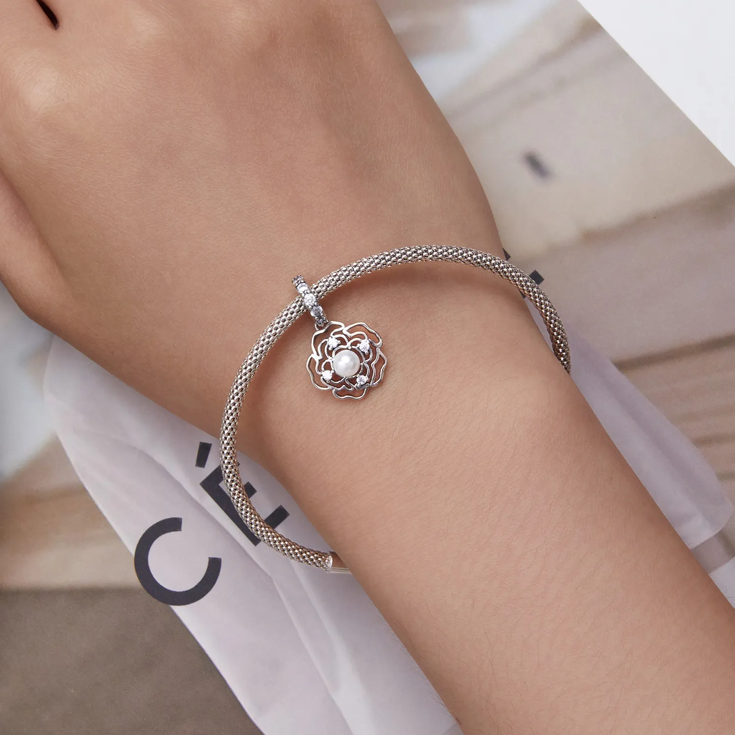Pandora Style Camellia Dangle - BSC676