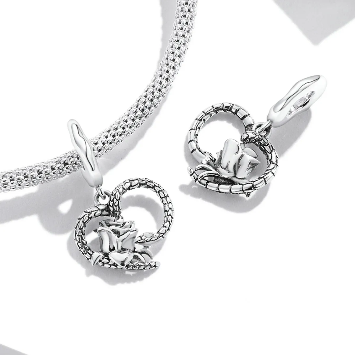 Pandora Style Snake and Rose Heart Dangle - SCC2134