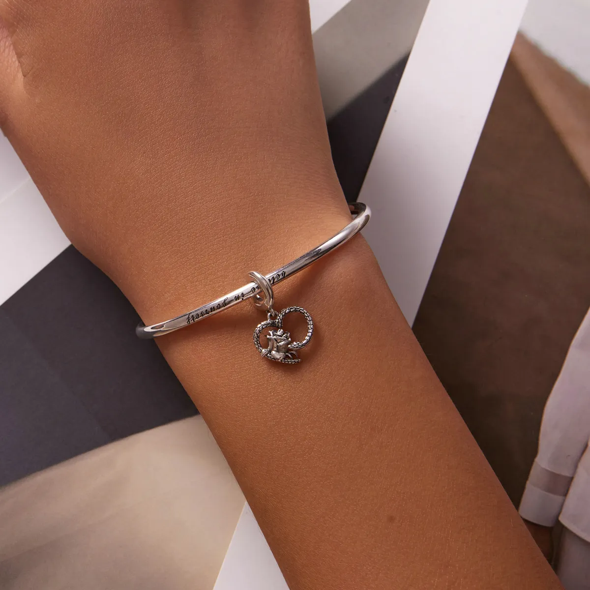Pandora Style Snake and Rose Heart Dangle - SCC2134