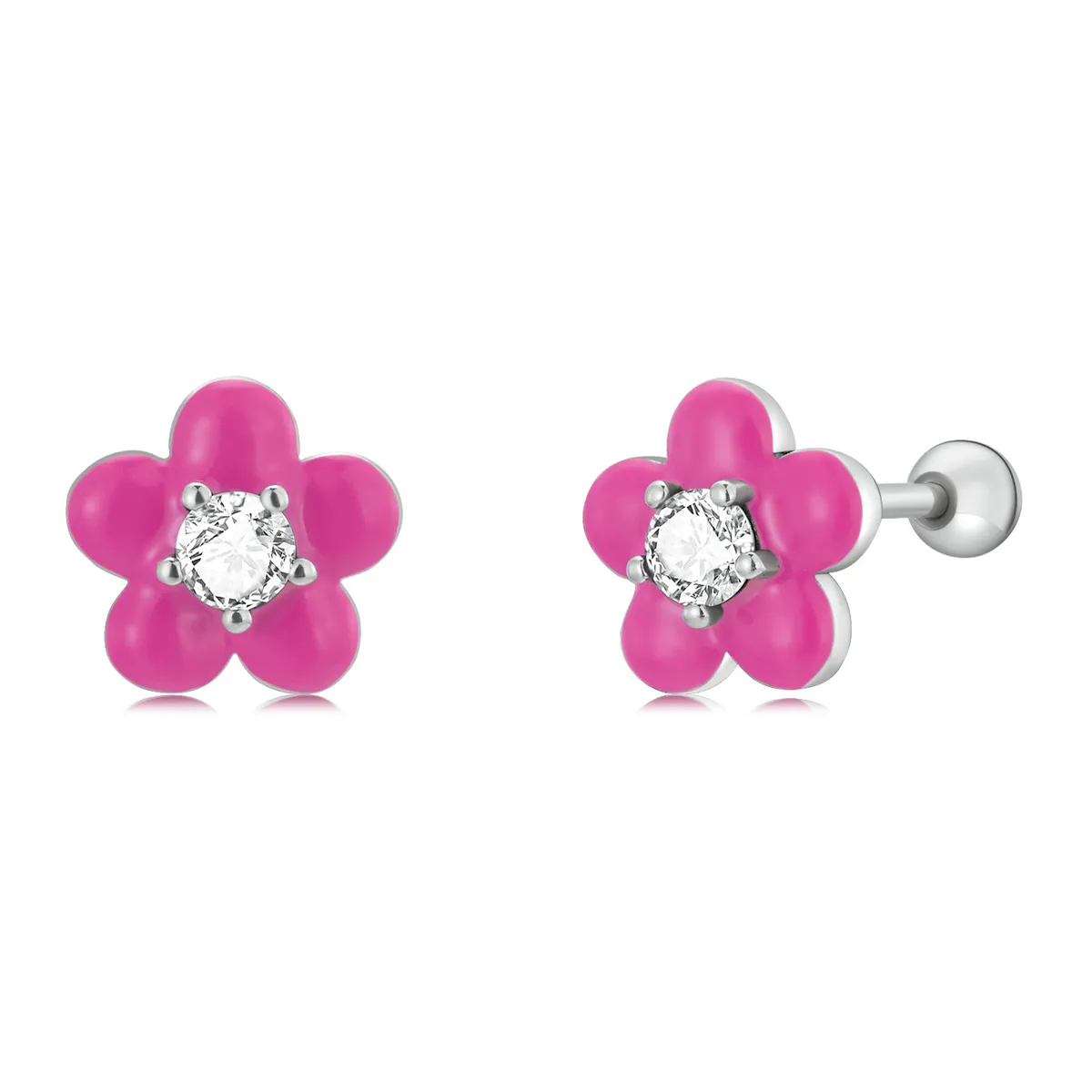 Pandora Style Fluorescent Pink Flowers Stud Earrings SCE1353