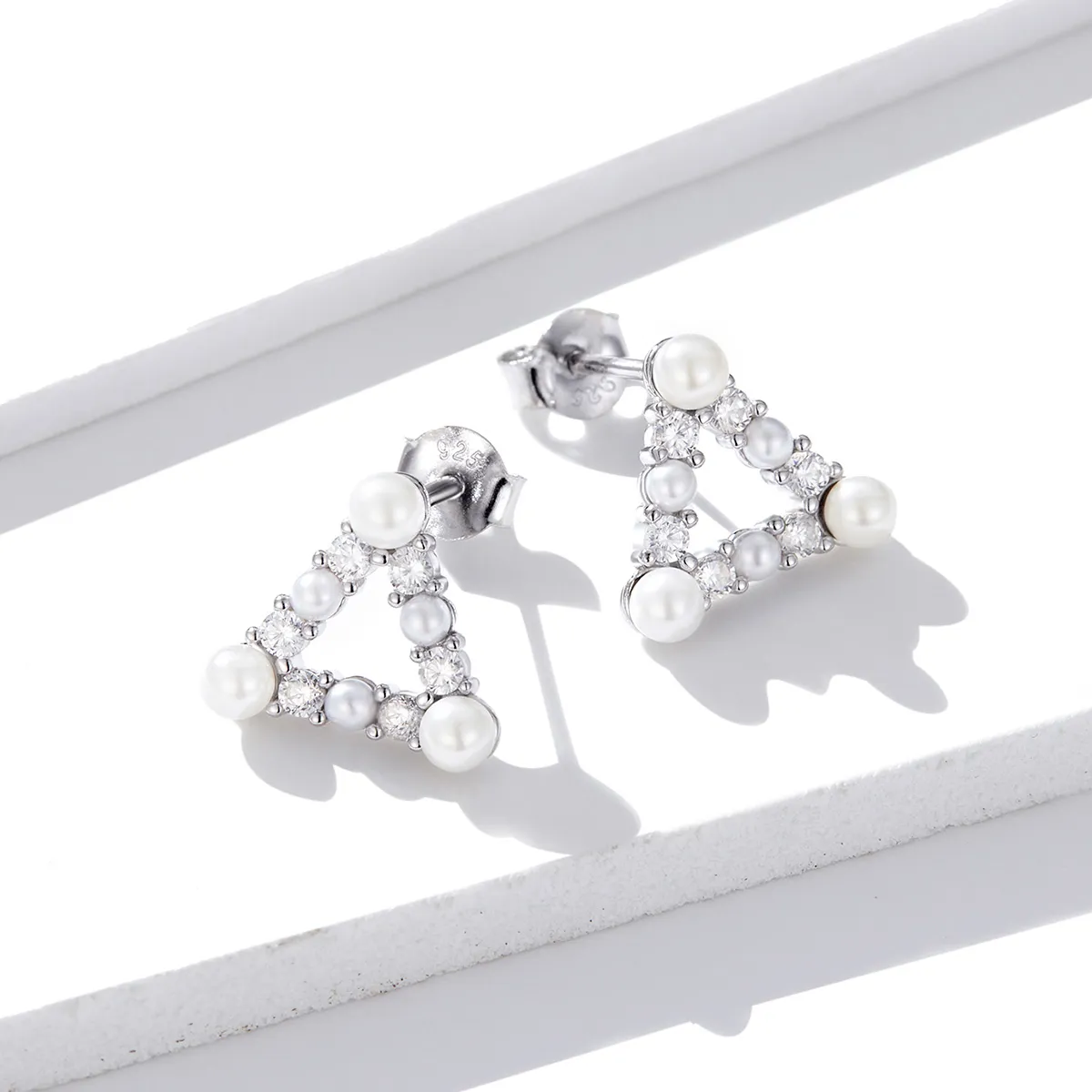 Pandora Style Pearl Triangle Stud Earrings - BSE215