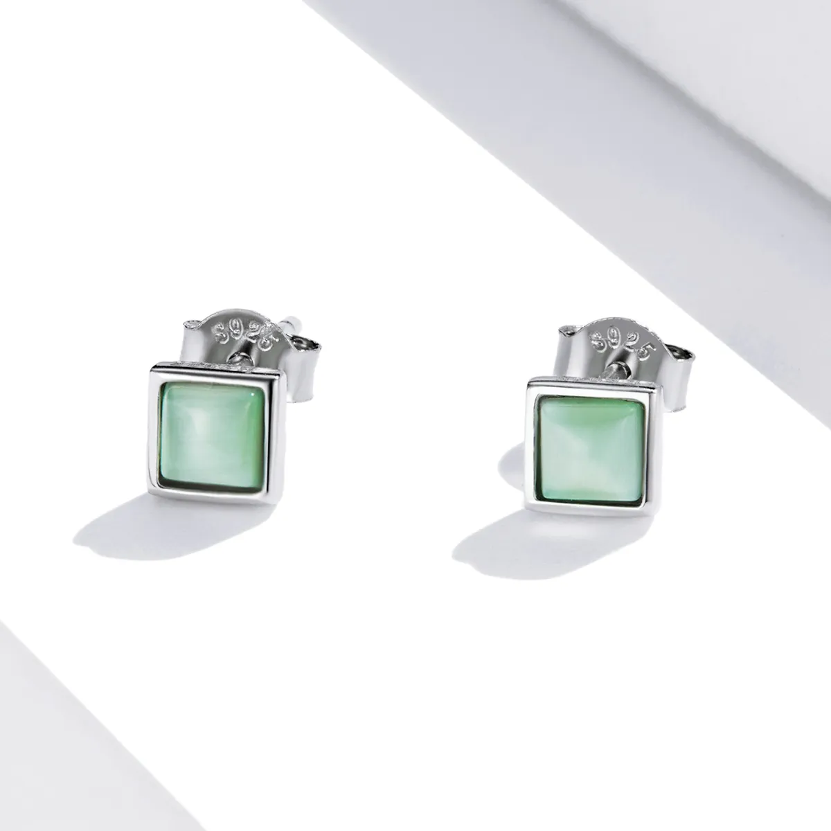 Pandora Style Simple Geometry - Green Cat's Eye Stud Earrings - SCE1269-GN