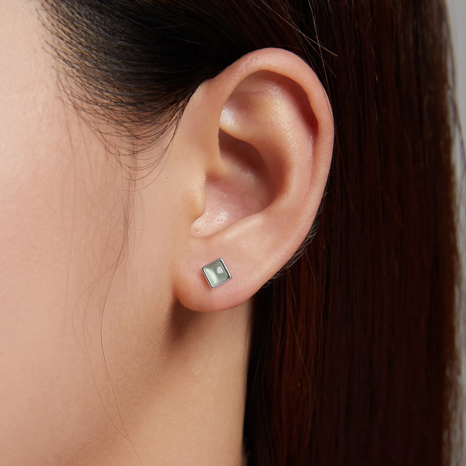 Pandora Style Simple Geometry - Green Cat's Eye Stud Earrings - SCE1269-GN