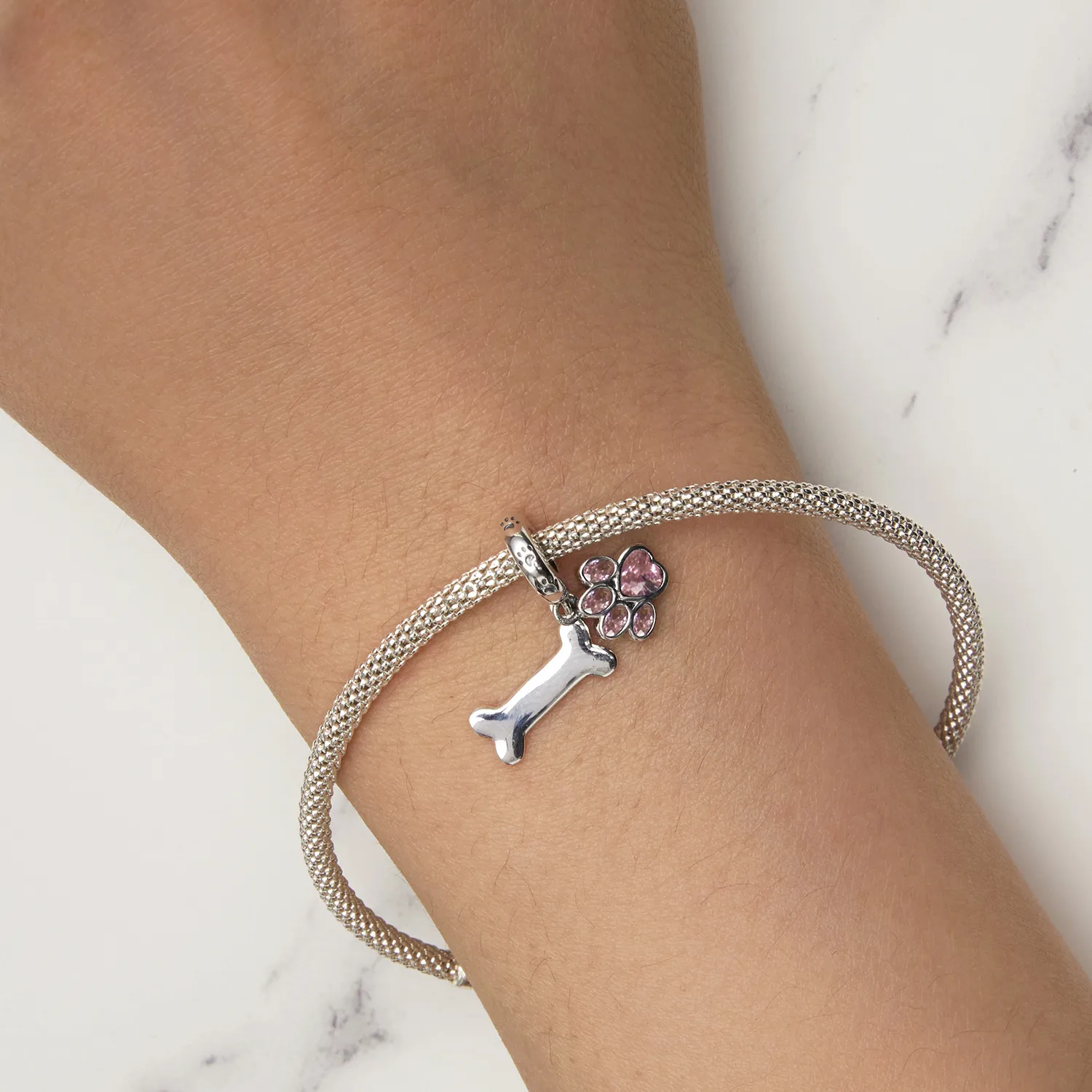 Paw & Bone Double Dangle Charm For Bracelets - S925 Silver Plated - Fits Pandora Style