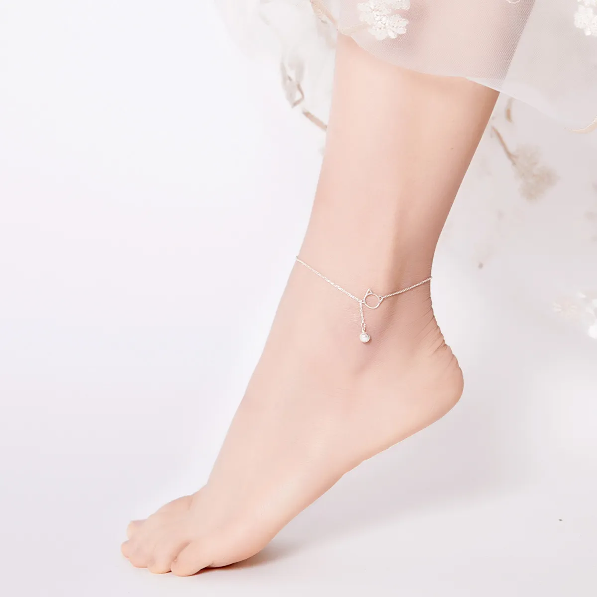Silver Cute Kitten & Bell Anklet - SCT003