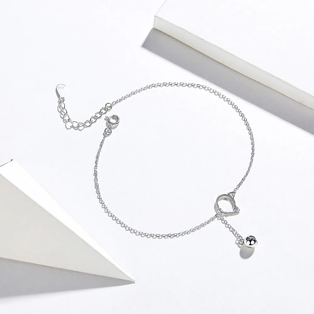 Silver Cute Kitten & Bell Anklet - SCT003