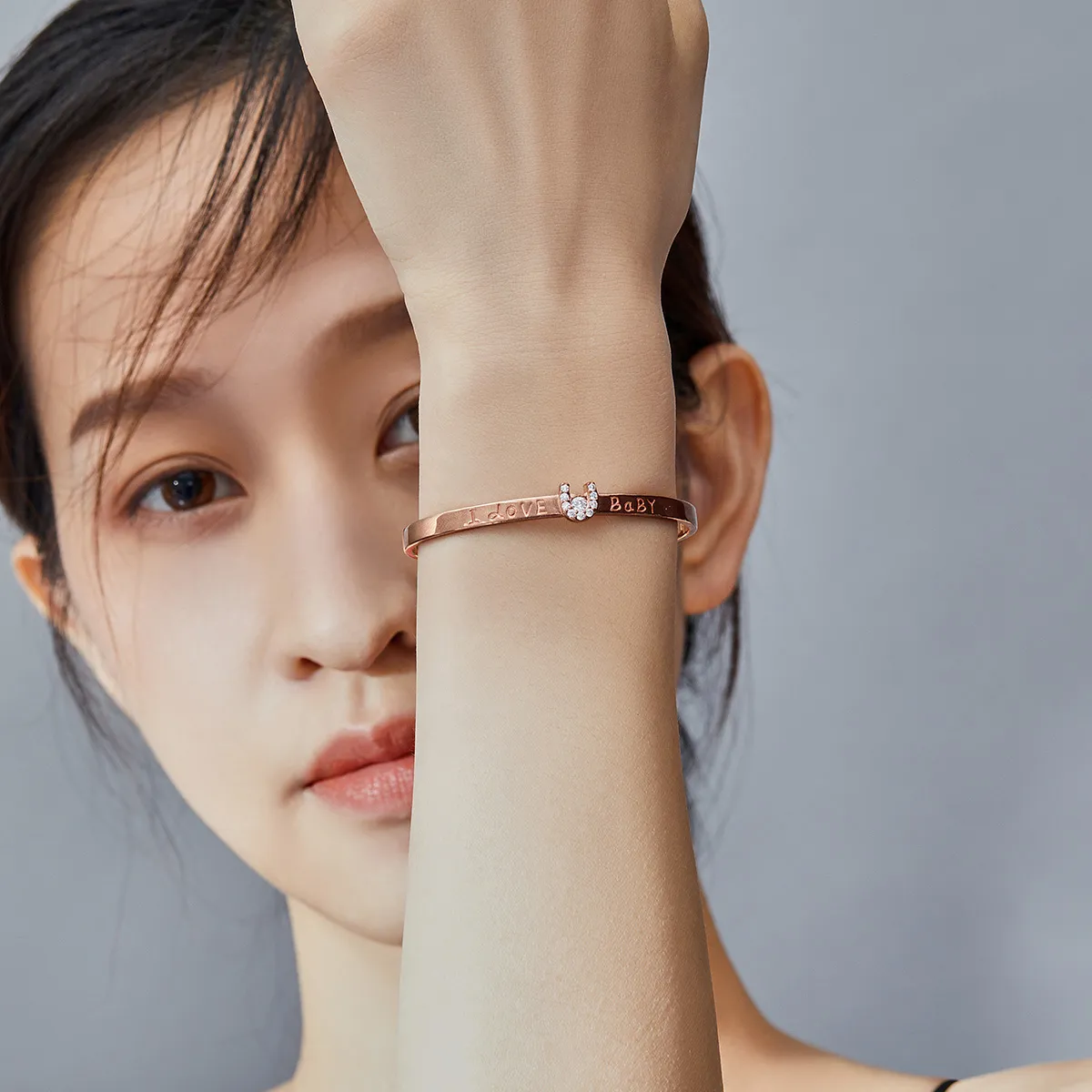 Pandora Style Rose Gold I Love You Baby Open Bangle - SCB169