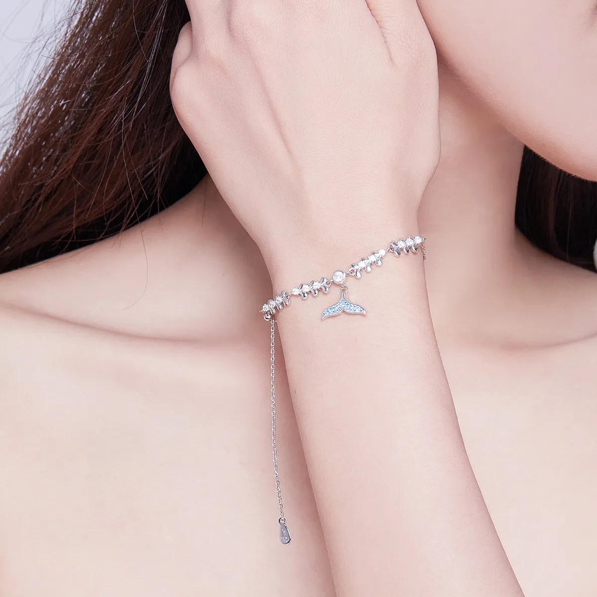 Pandora Style Silver Blue Fishtail Chain Slider Bracelet - SCB154