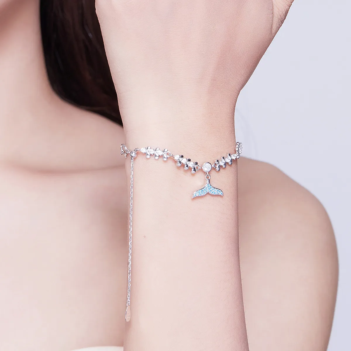 Pandora Style Silver Blue Fishtail Chain Slider Bracelet - SCB154