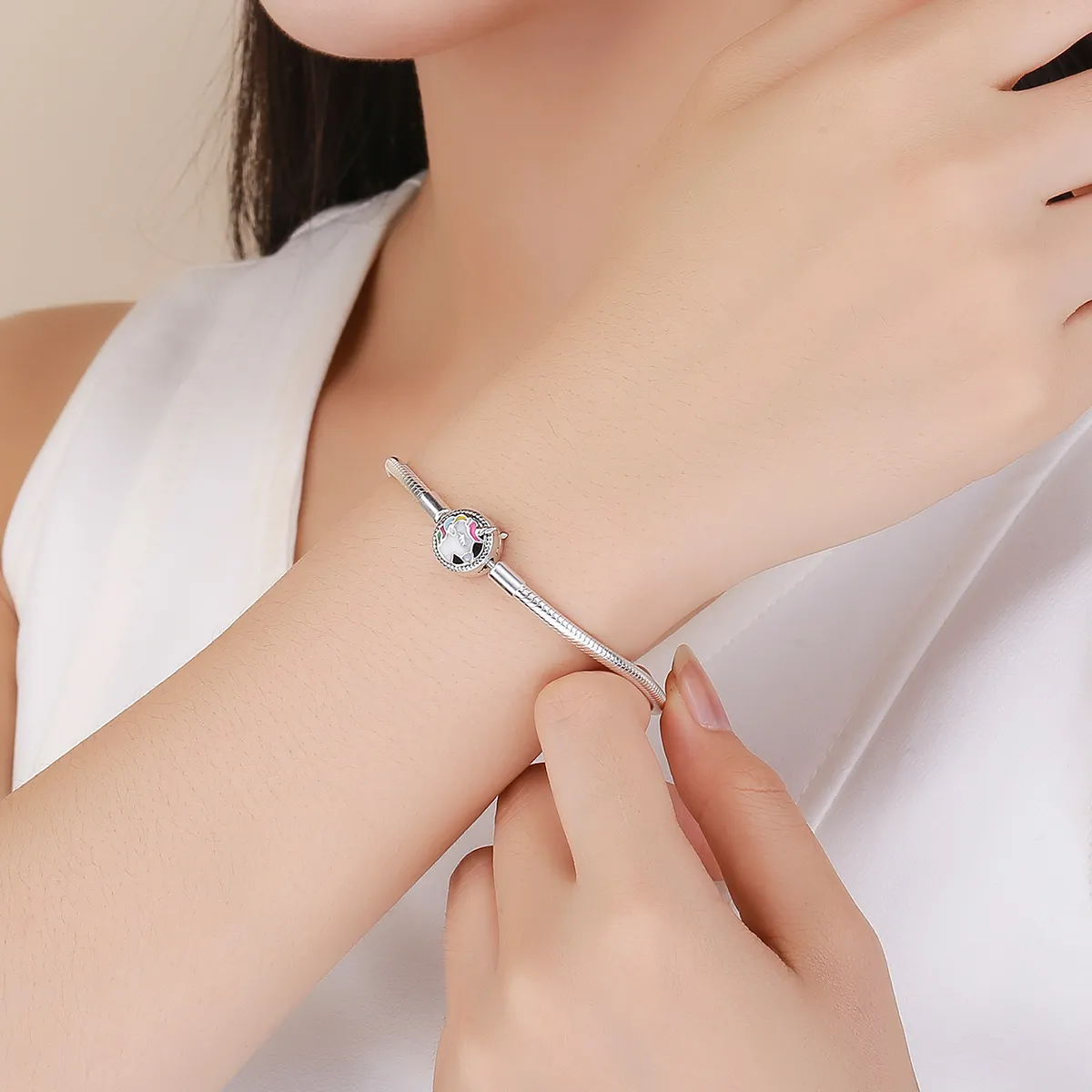 Pandora Style Silver Enamel Unicorn Memory Chain Bracelet - SCB083