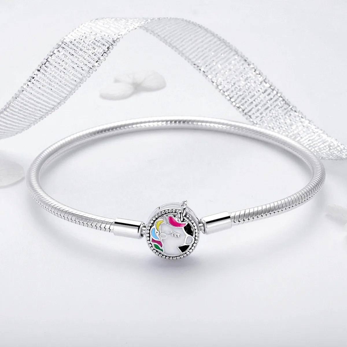 Pandora Style Silver Enamel Unicorn Memory Chain Bracelet - SCB083