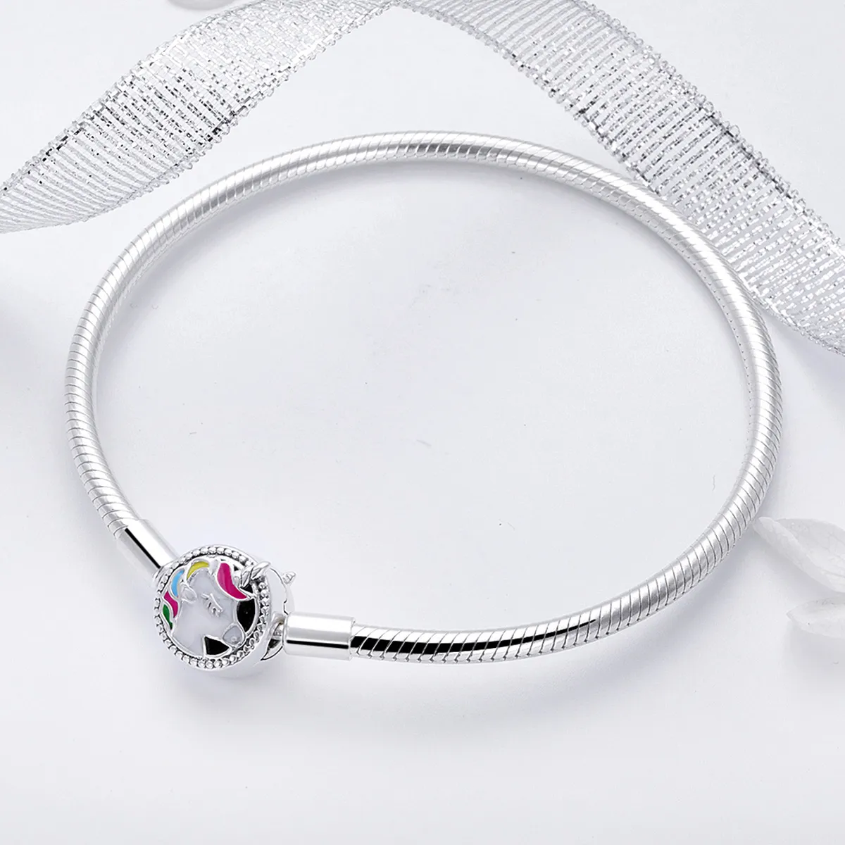 Pandora Style Silver Enamel Unicorn Memory Chain Bracelet - SCB083