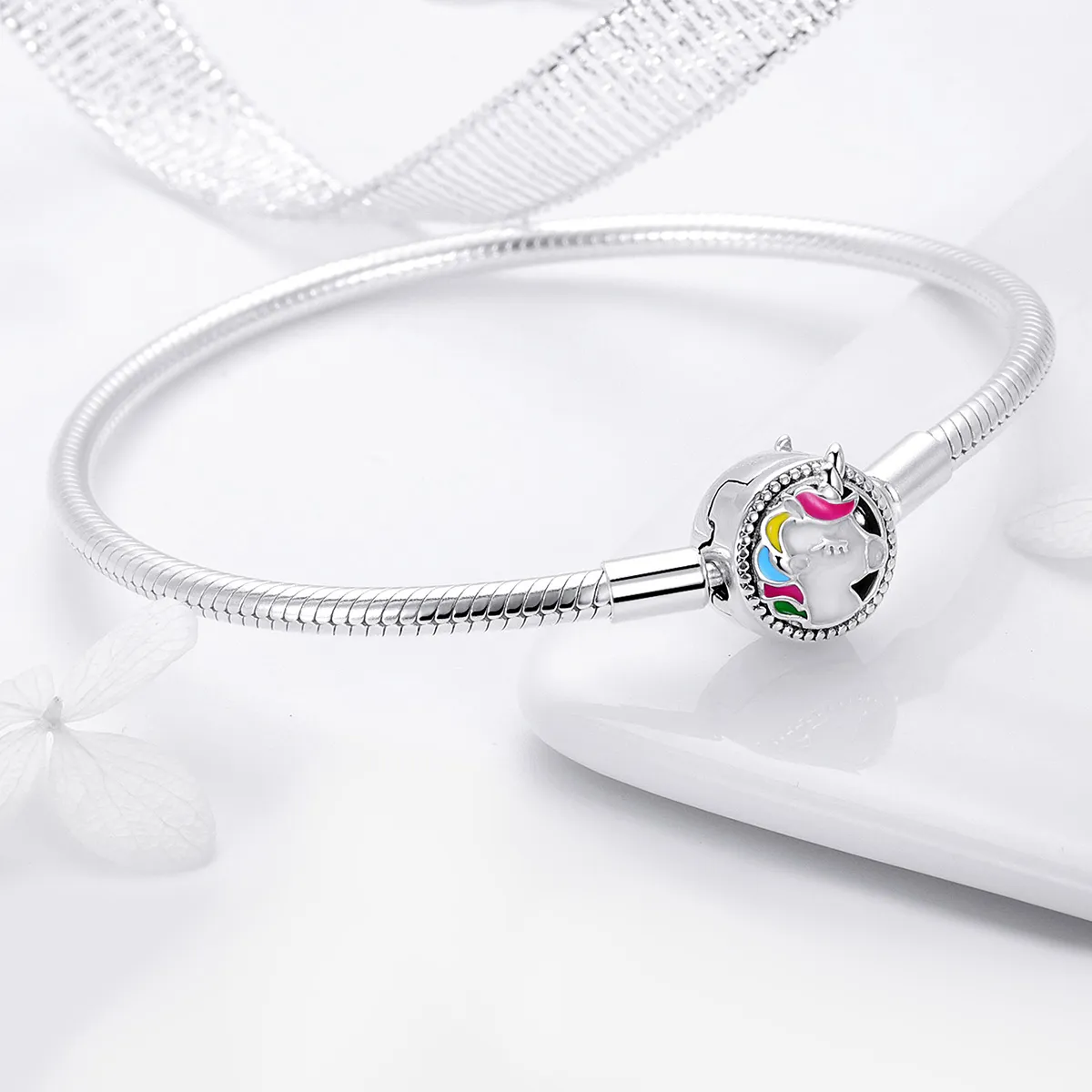 Pandora Style Silver Enamel Unicorn Memory Chain Bracelet - SCB083