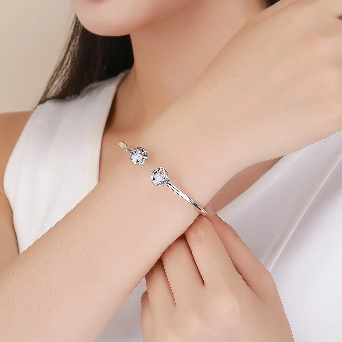 Pandora Style Silver Enamel Unicorn Memory Open Bangle - SCB082