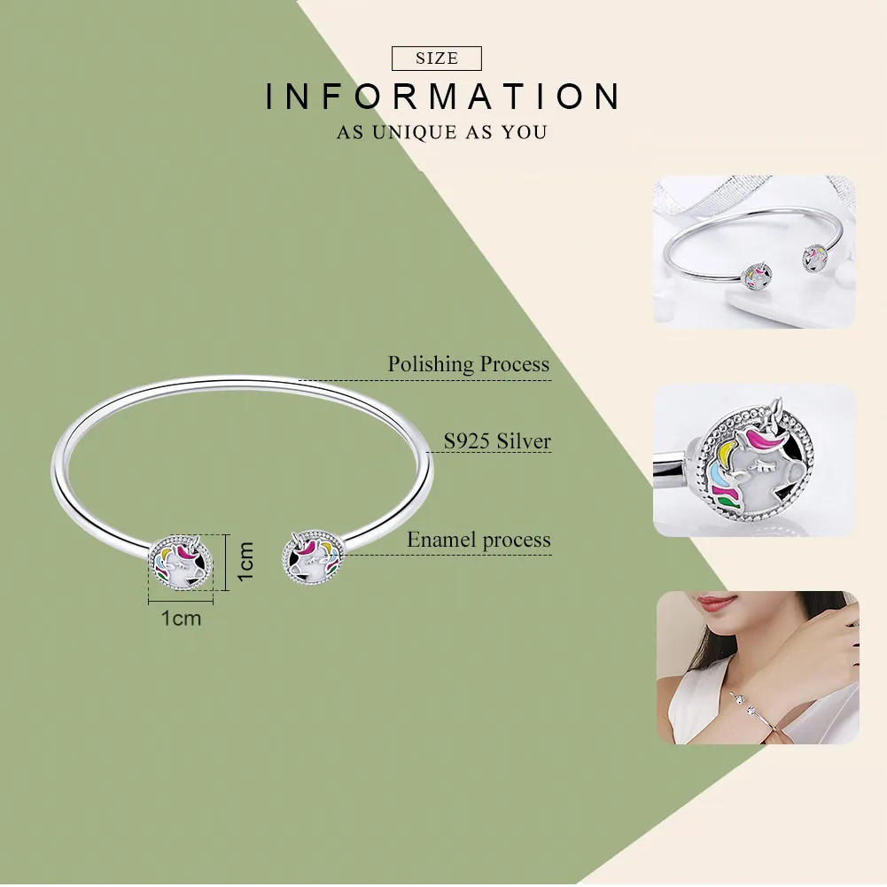 Pandora Style Silver Enamel Unicorn Memory Open Bangle - SCB082