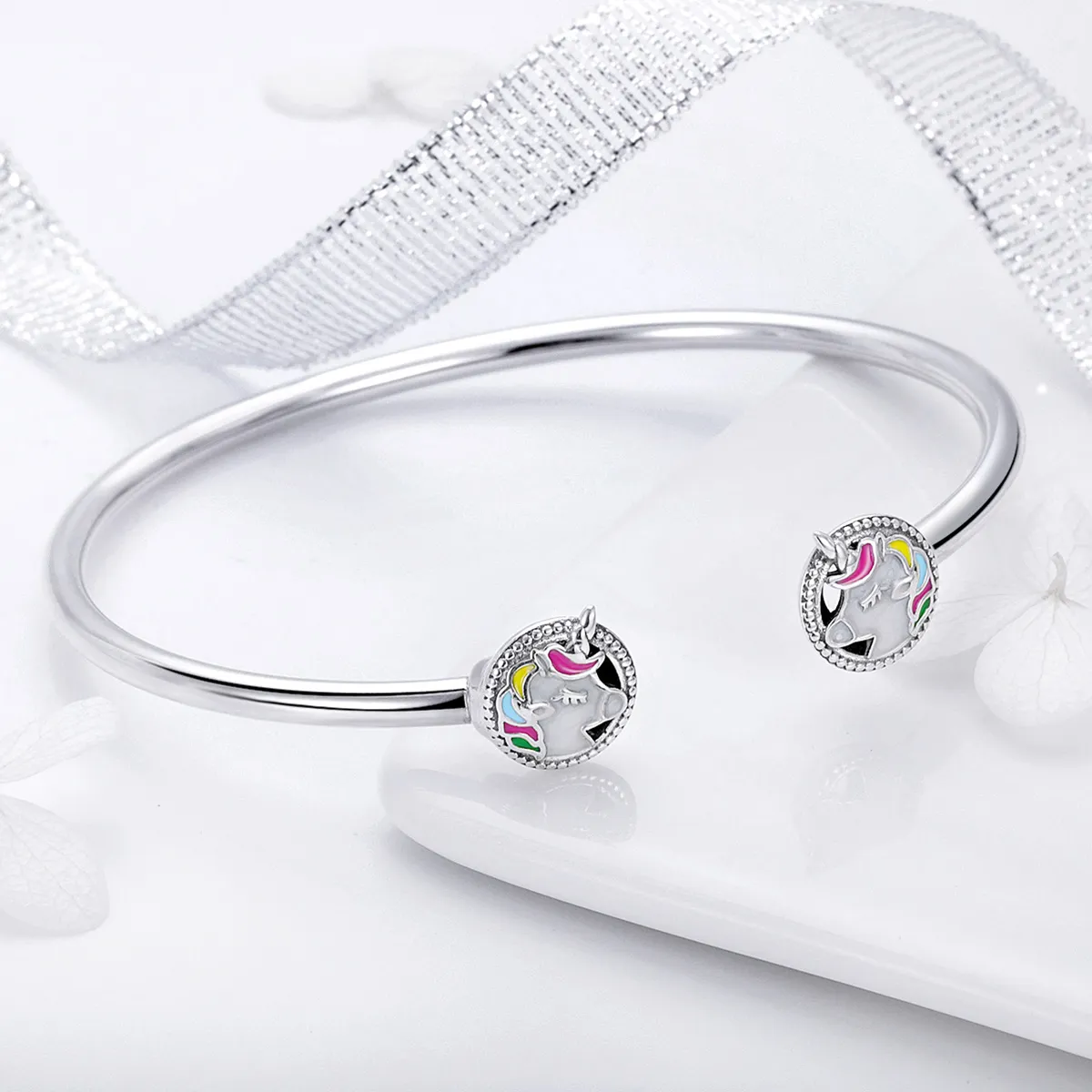 Pandora Style Silver Enamel Unicorn Memory Open Bangle - SCB082