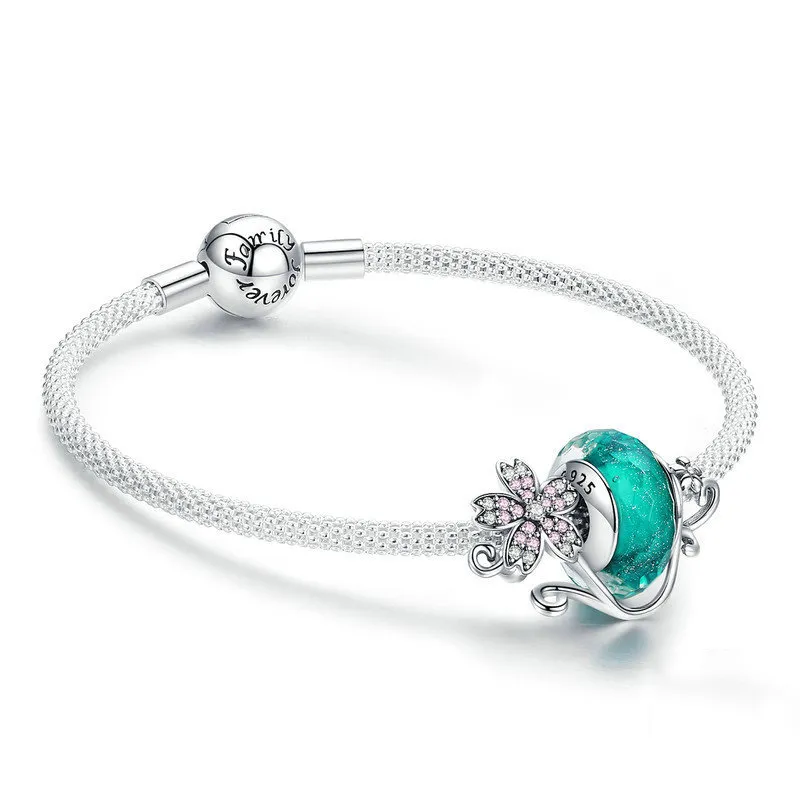 Pandora Style Silver Green Glass Bead and Sakura Mesh Bracelet - SCB822